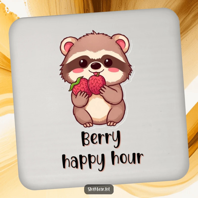 Funny kawaii sloth bear holding a perfect berry with delight on a protective drink coaster, adding cute humor to tables.