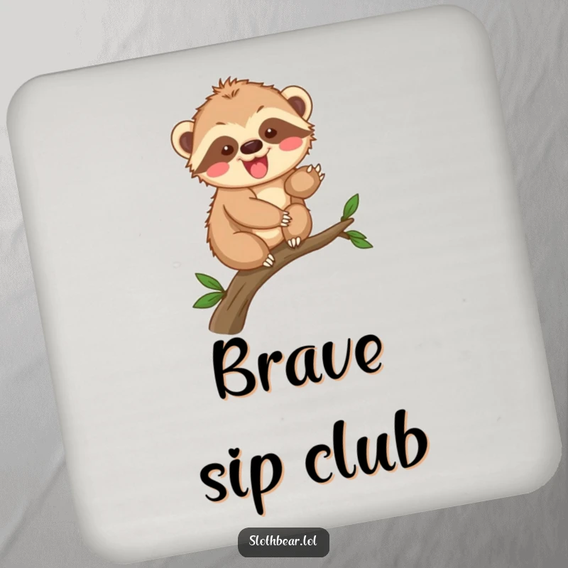 Funny sloth bear cub climbing coasters, featuring a playful cub ascending a branch, adding a touch of adventure to home decor.