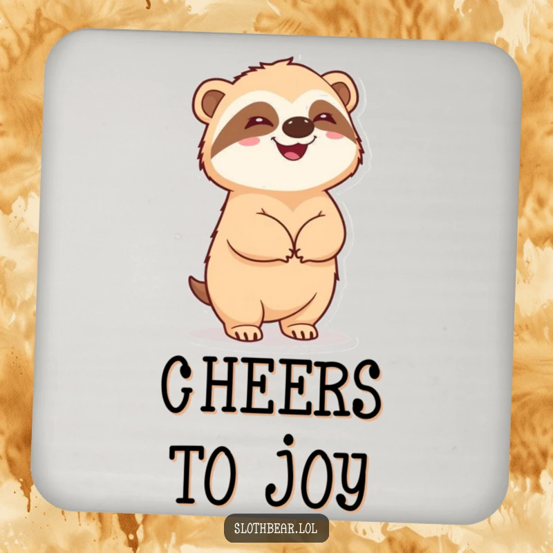 Funny sloth bear standing upright and pleased, featured on a decorative and humorous drink coaster.