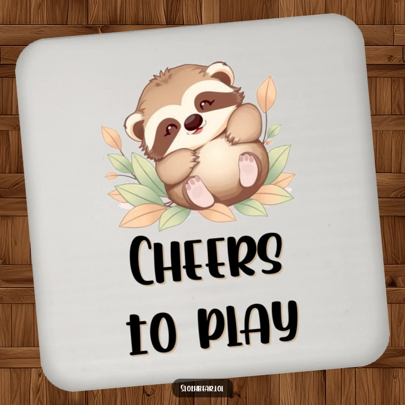 Funny coaster set with a baby sloth bear tumbling playfully in leaves. Protects surfaces with a cute and humorous design.