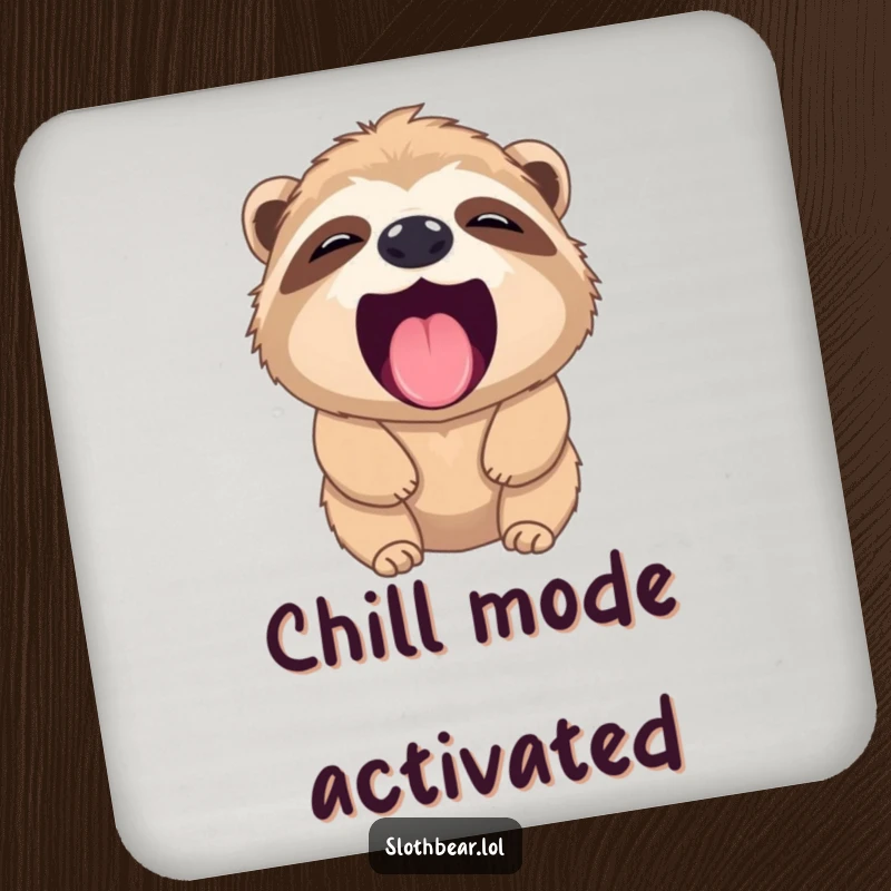 Funny sloth bear drink coaster with a yawning bear and tiny pink tongue, protecting surfaces with a humorous design.