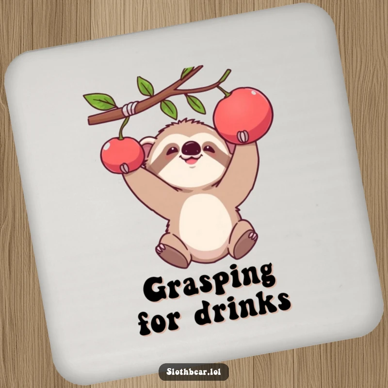 Funny drink coaster featuring a baby sloth bear cub reaching for fruit, adding a touch of humor.