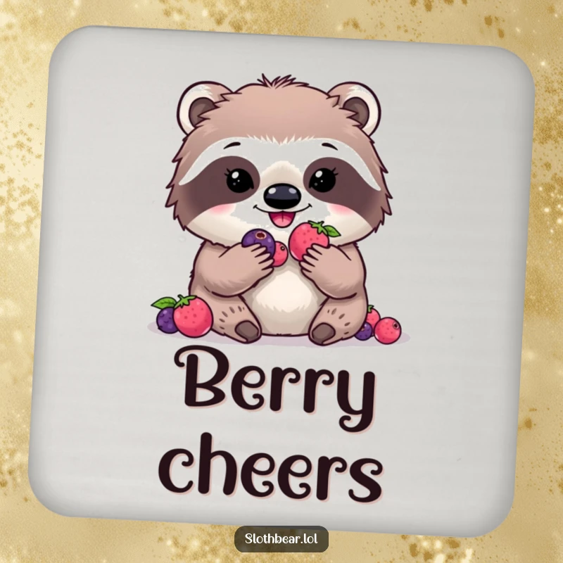 Funny kawaii sloth bear drink coaster with a cute character eating digital berries, a charming and humorous accessory.