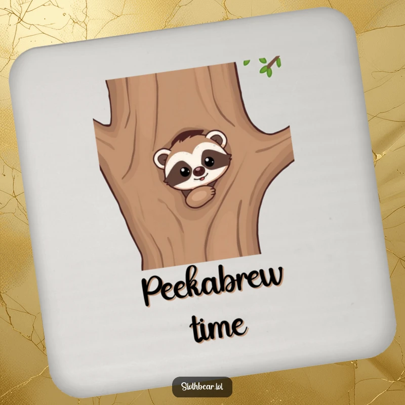 Funny drink coaster: A kawaii sloth bear character peeking from behind a tree, adding mysterious art to beverage protection.