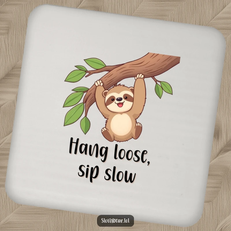 Funny kawaii sloth bear gleefully swinging from a leafy branch on a protective drink coaster, adding humor to tabletops.