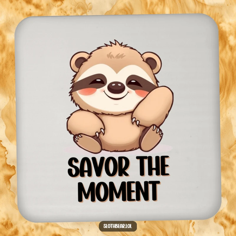 Funny drink coaster with a sloth bear stretching lazily with a contented grin, offering relaxed and humorous surface protection.
