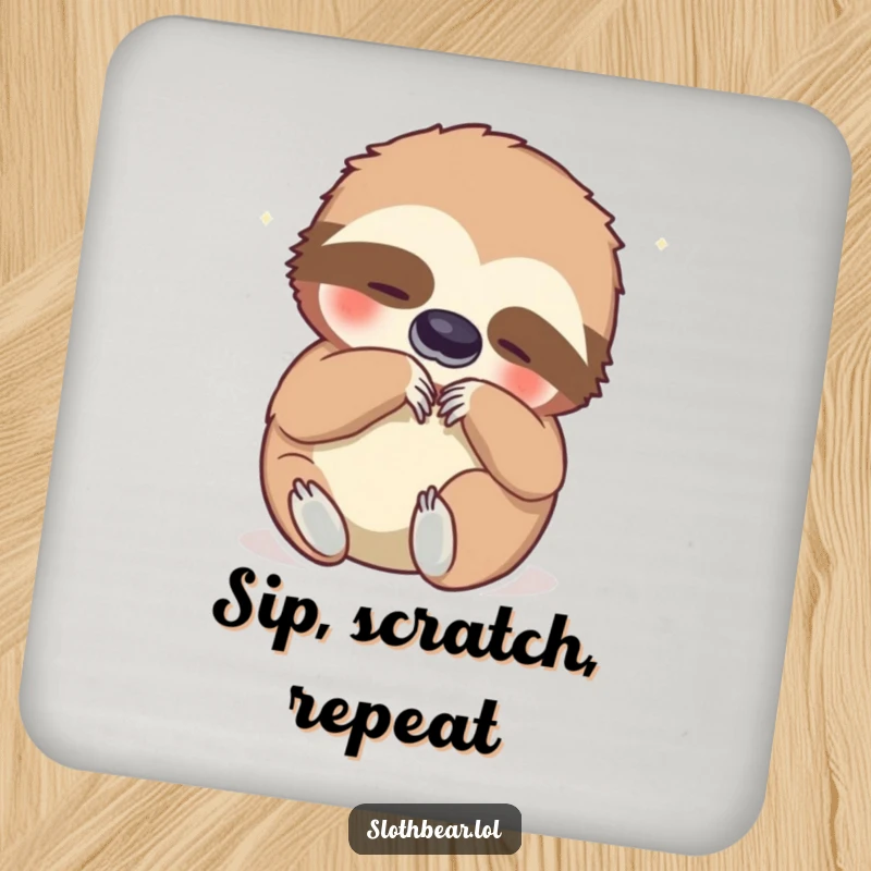 Funny drink coaster showing a sloth bear scratching its belly with pure delight, offering surface protection with a humorous and charming design.