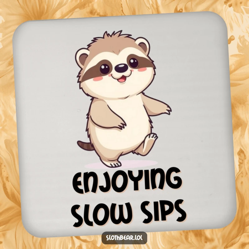 Funny Sloth Bear Coaster showing a character doing a happy shuffle, perfect for adding a relaxed and joyful touch to any table.