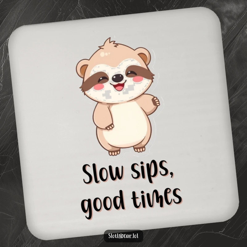 Funny Drink Coaster featuring a kawaii sloth bear character in a lazy, joyful wiggle, protecting surfaces with charm and humor.