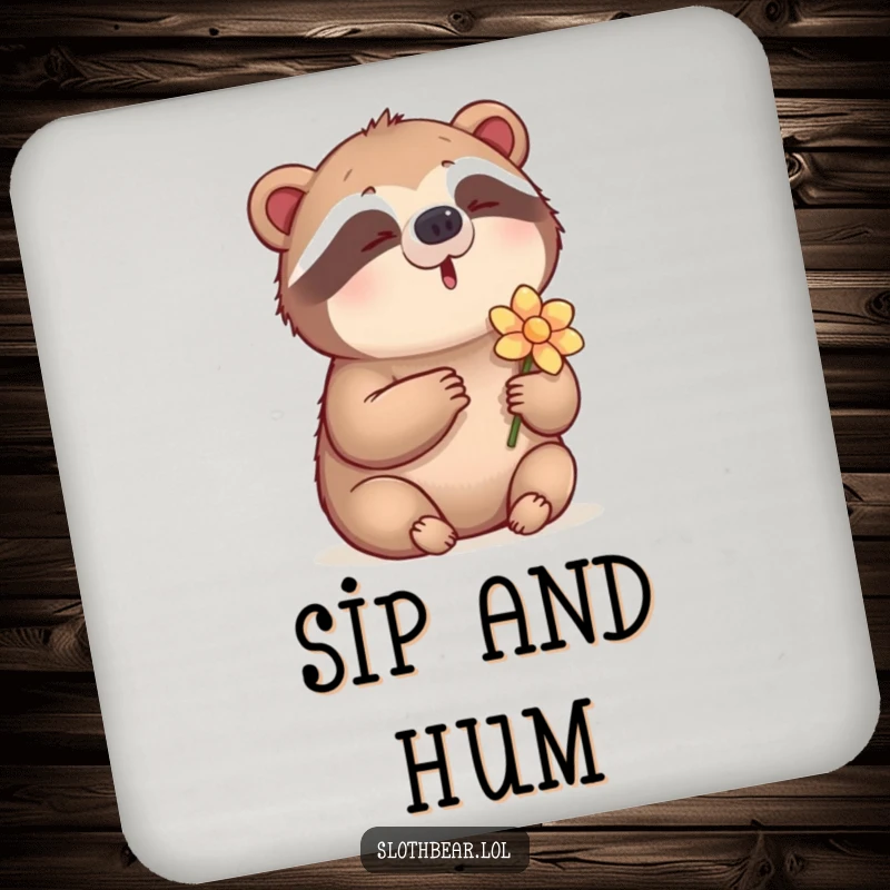 Funny Drink Coaster featuring a sloth bear humming a tune and holding a flower, adding musical humor and protection.