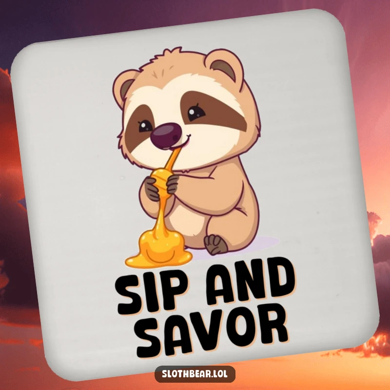 Funny coaster set featuring a sloth bear daintily licking honey from its paw. Protects surfaces with a humorous animal design.