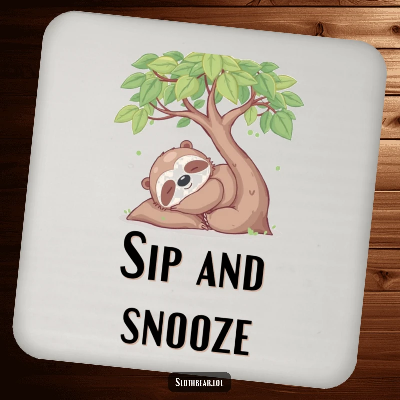Funny drink coasters featuring a happy sloth bear character napping under a leafy tree, offering protection with tranquil humor.
