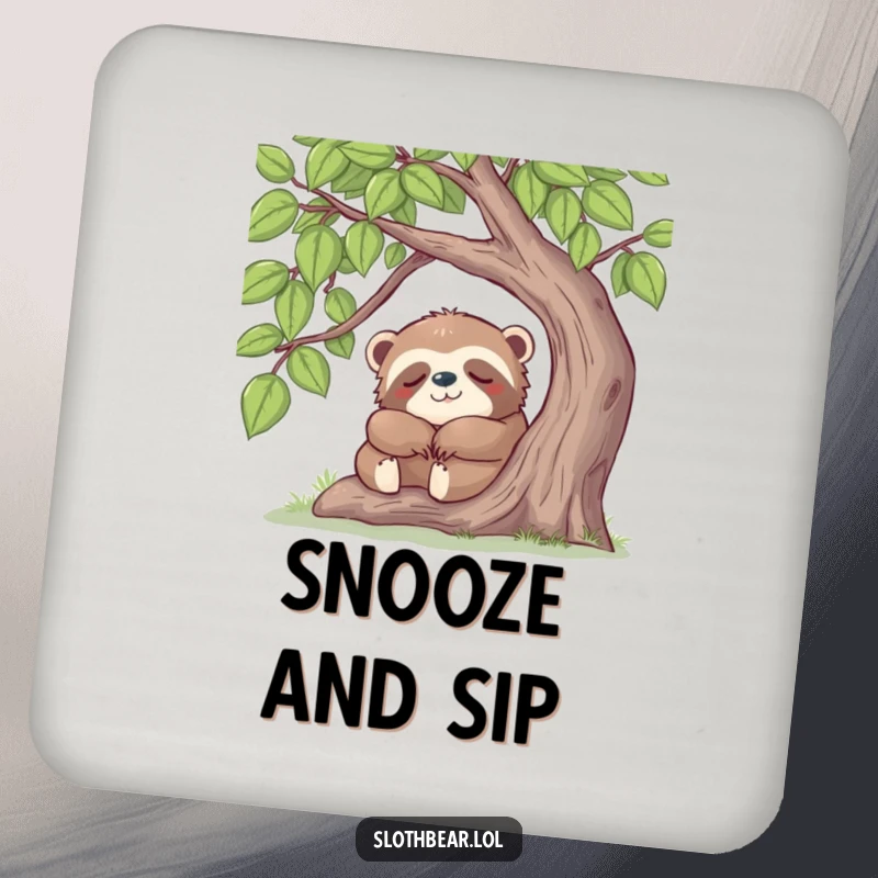 Funny sloth bear napping under a tree, featured on a decorative and humorous drink coaster.