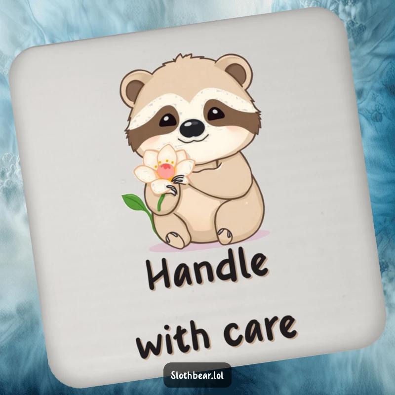 Funny sloth bear drink coaster with a paw gently touching a flower petal, offering artistic humor and surface protection.
