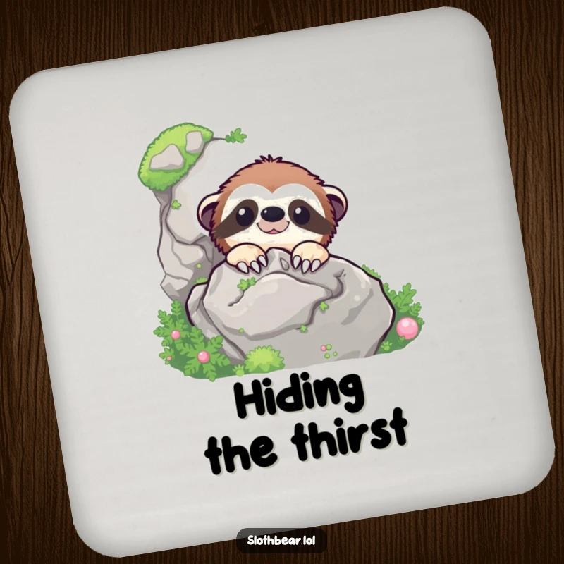 Funny sloth bear character peeking from behind a mossy rock, making a subtle statement on a drink coaster.