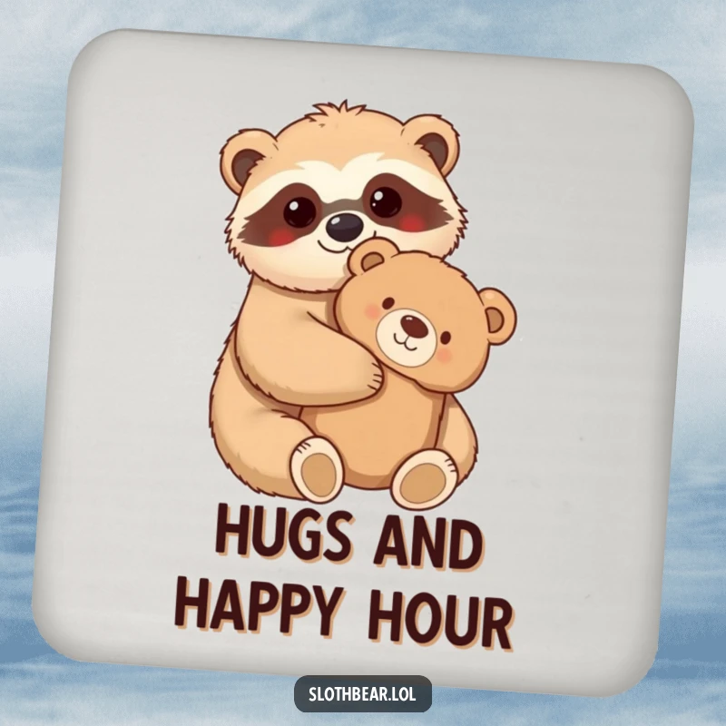Funny Drink Coaster featuring a kawaii sloth bear character hugging a fuzzy teddy bear, protecting surfaces with warmth and humor.