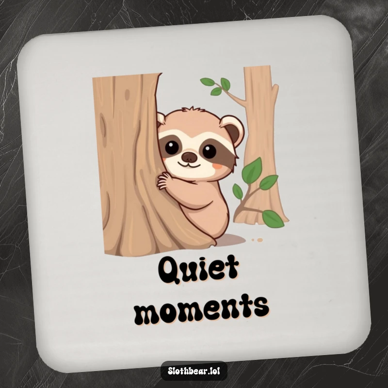 Funny drink coaster with a fuzzy-eared sloth bear peeking from behind a tree, offering cute and humorous surface protection.