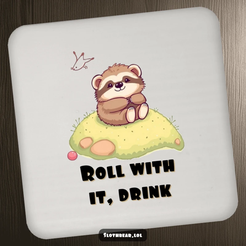 Funny kawaii sloth bear playfully rolling down a soft hill on a protective drink coaster, bringing humor to surfaces.