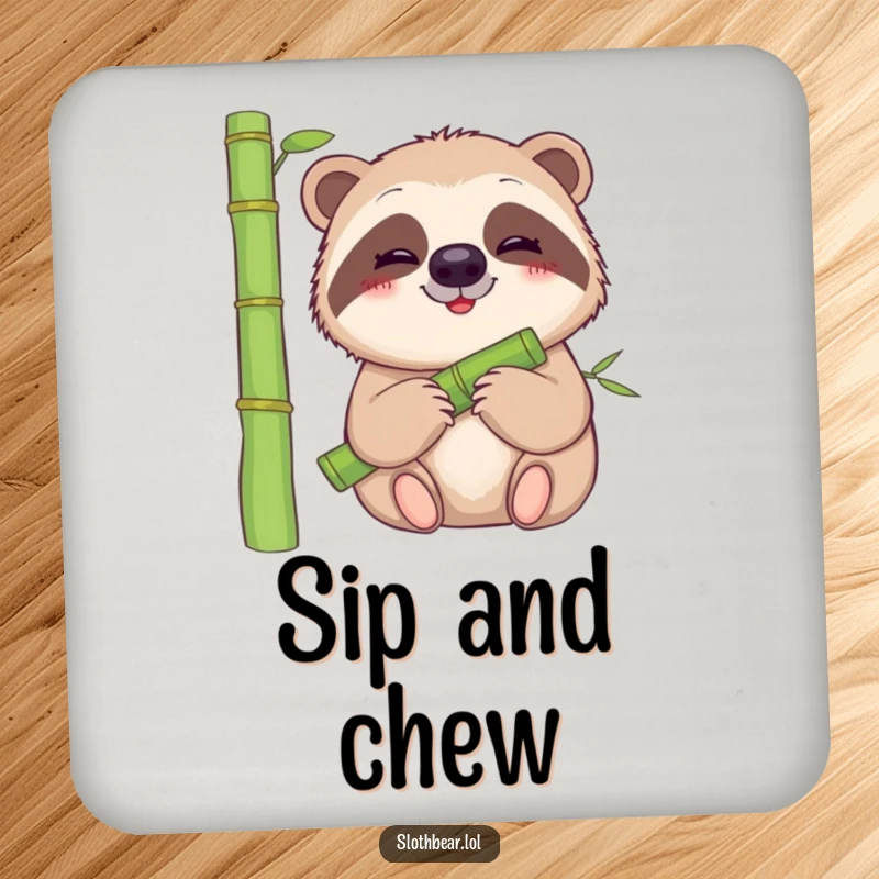 Funny sloth bear drink coaster featuring a gentle bear with a smile munching on bamboo, adding calm style to tables.