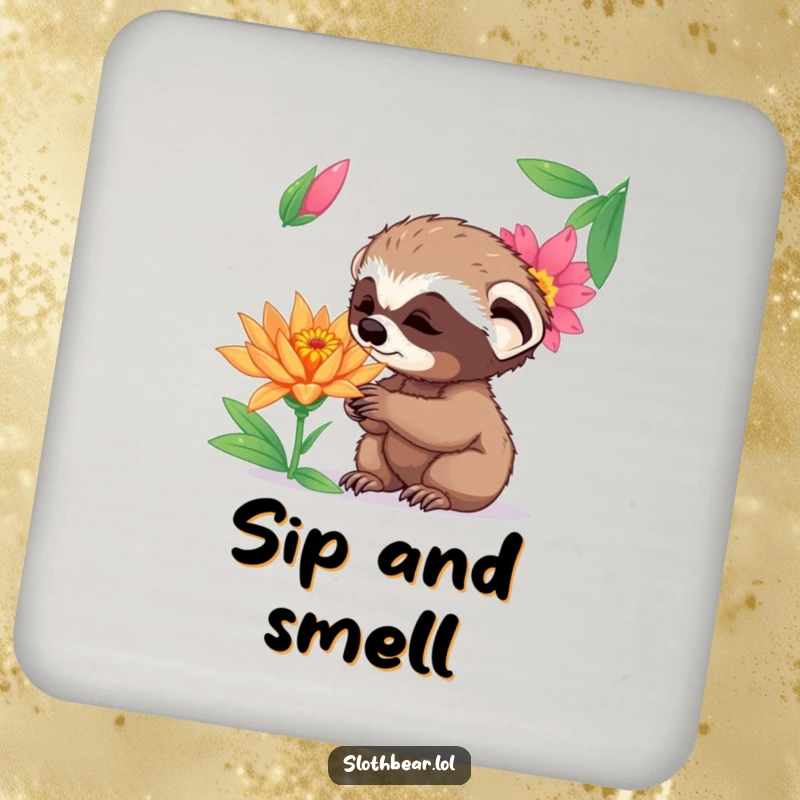 Funny curious sloth bear cub sniffing a vibrant exotic flower, making a charming statement on a drink coaster.