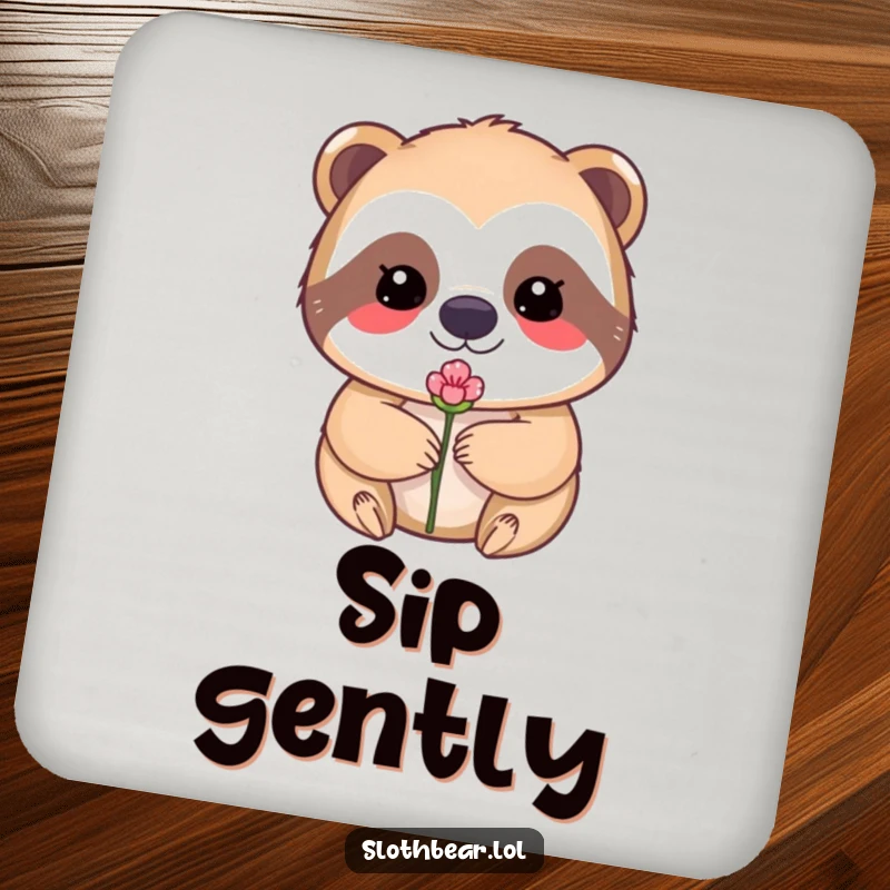 Funny drink coaster featuring a kawaii sloth bear with a flower bud perfectly balanced on its nose.