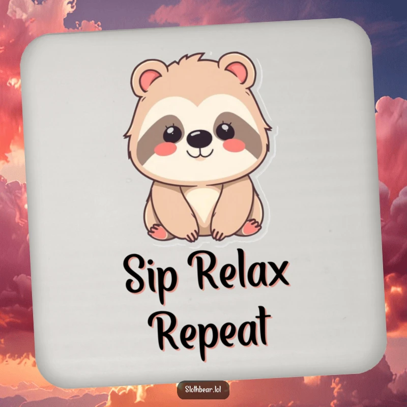 Funny kawaii sloth bear drink coaster featuring a gentle, smiling character, providing surface protection with adorable and contented charm.