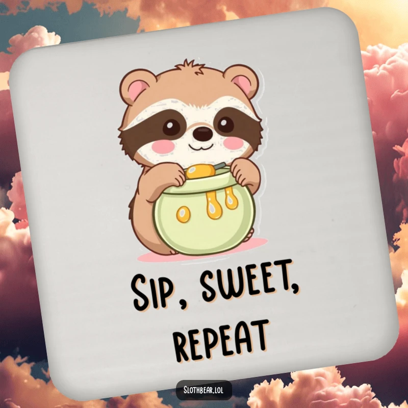 Funny Kawaii Sloth Bear Drink Coaster featuring a cute bear reaching for honey, adding cuteness and humor to protect surfaces.