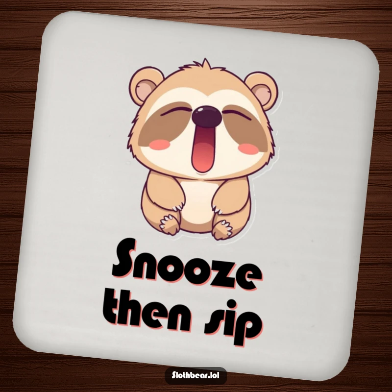 Funny sloth bear yawn coasters, protecting surfaces with a dose of sleepy charm and a cute, yawning character.