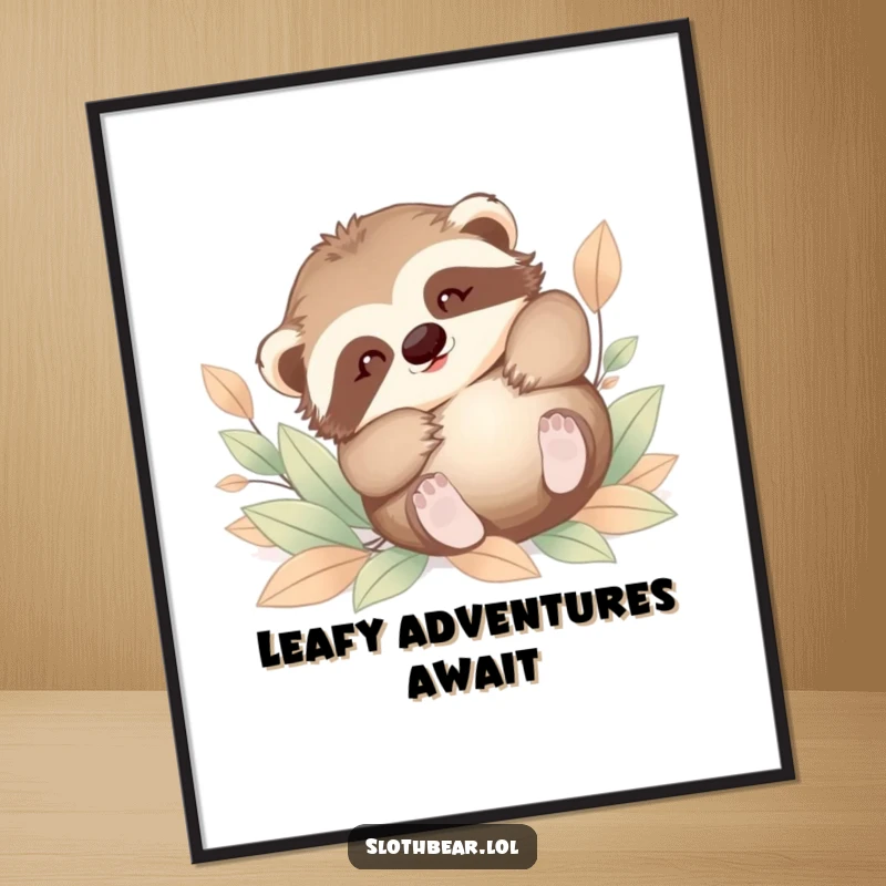 Funny poster of a cute baby sloth bear tumbling playfully in a heap of soft leaves. Humorous and charming wall decor.