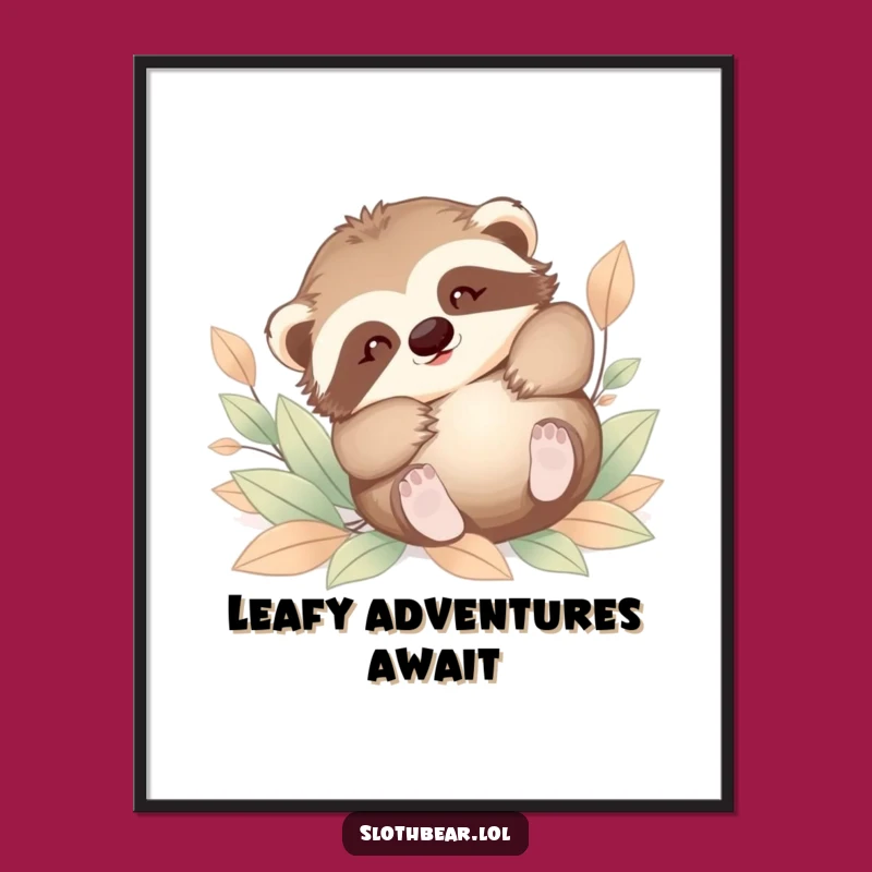 Funny Baby Sloth Bear Leaves Poster - Whimsical Wall Art for Kids
