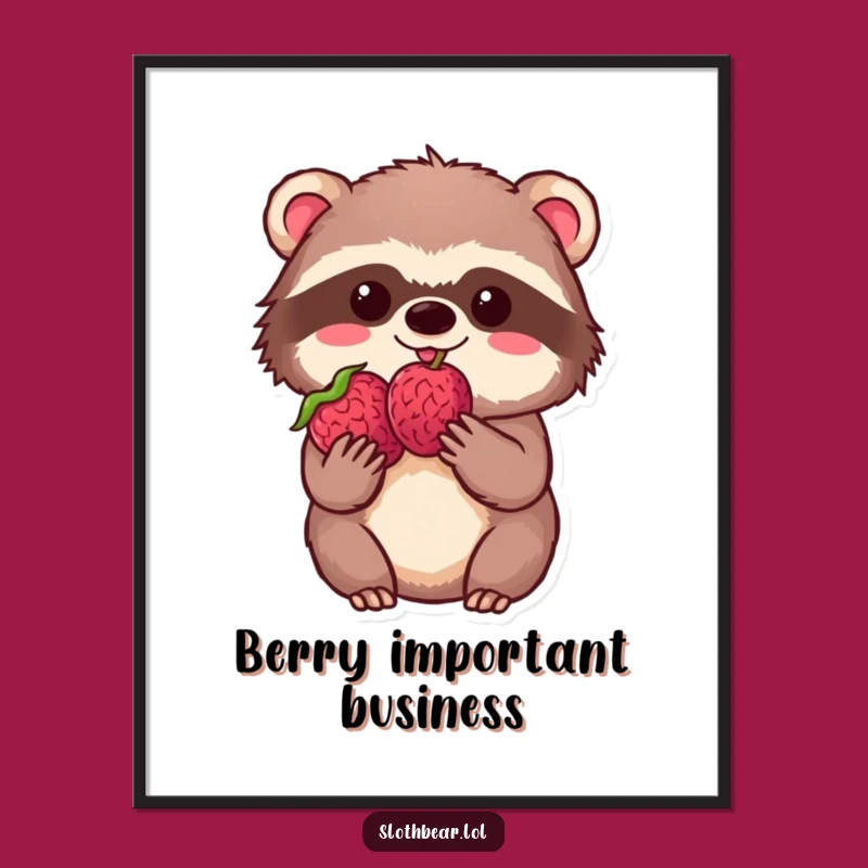 Funny Kawaii Sloth Bear Berry Poster - Charming & Hilarious Wall Art Gift