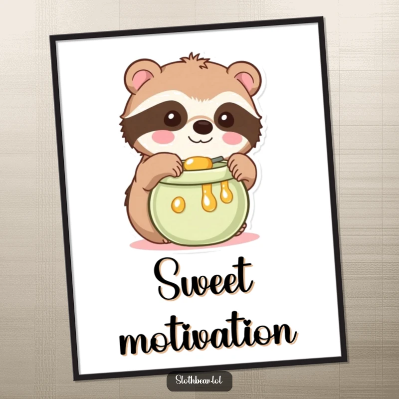 Funny Kawaii Sloth Bear Poster featuring a cute bear reaching for honey, adorable wall art and a perfect funny gift.