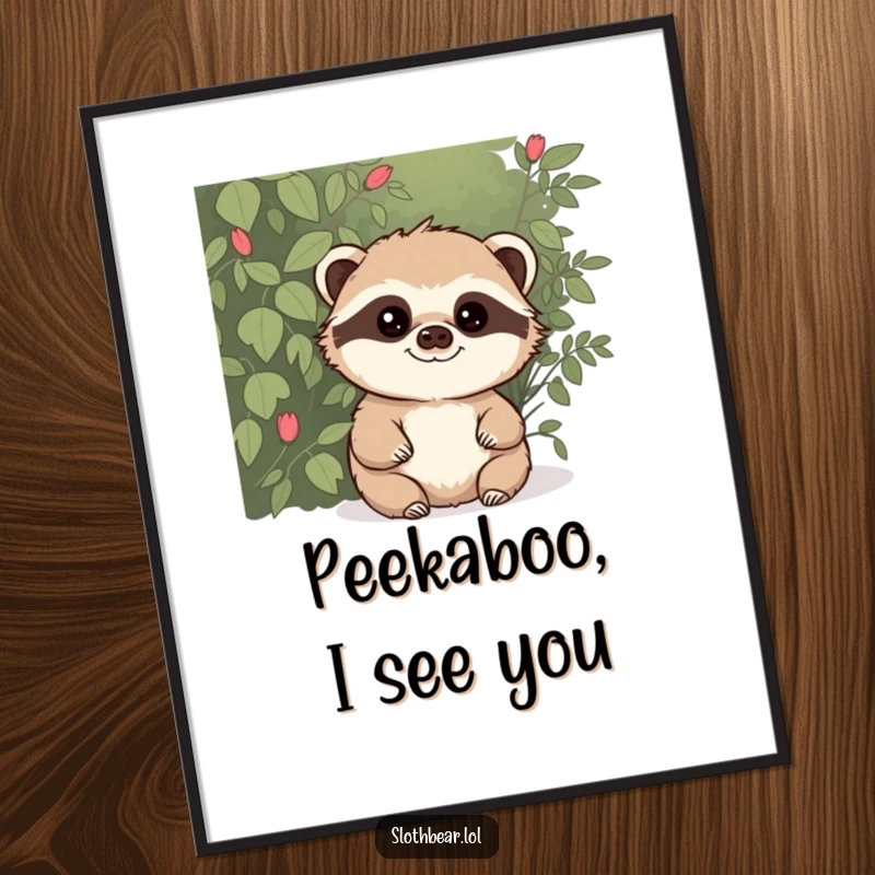 Funny poster of a sloth bear with a mischievous glint, peeking from behind a bush, creating a humorous and intriguing piece of wall art.