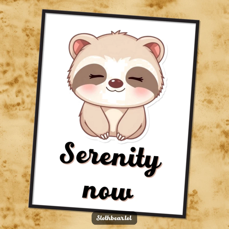 Funny Poster of a small sloth bear with a gentle, sleepy smile, perfect for adding a sweet and humorous touch to decor.