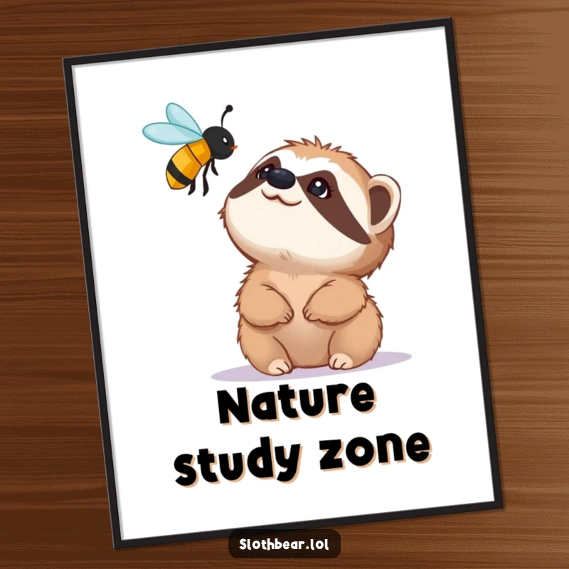 Funny poster featuring a small sloth bear character looking up with fascination at a buzzing bee, a charming piece of whimsical wildlife art.