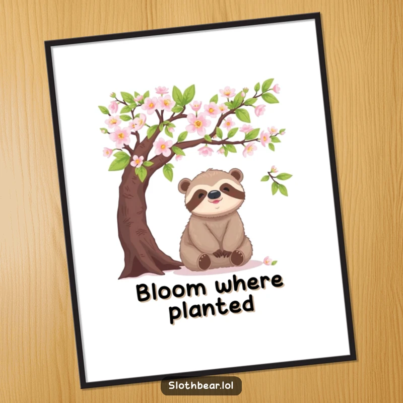 Funny sloth bear poster, under blooming tree, peaceful, serene art, humorous decor.
