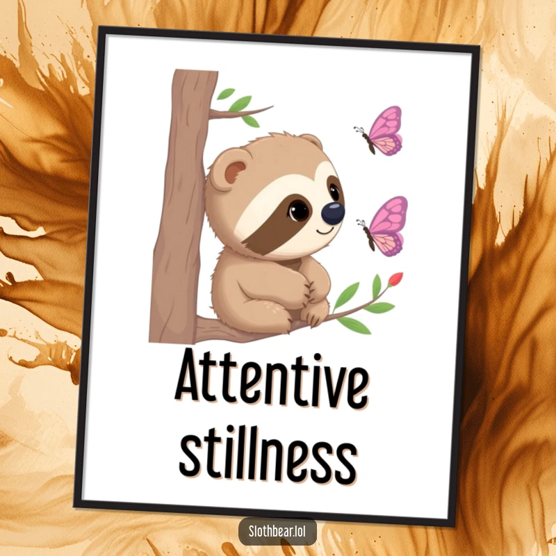 Funny Poster of a sloth bear with curious eyes watching a butterfly flutter, a beautiful and humorous nature depiction.