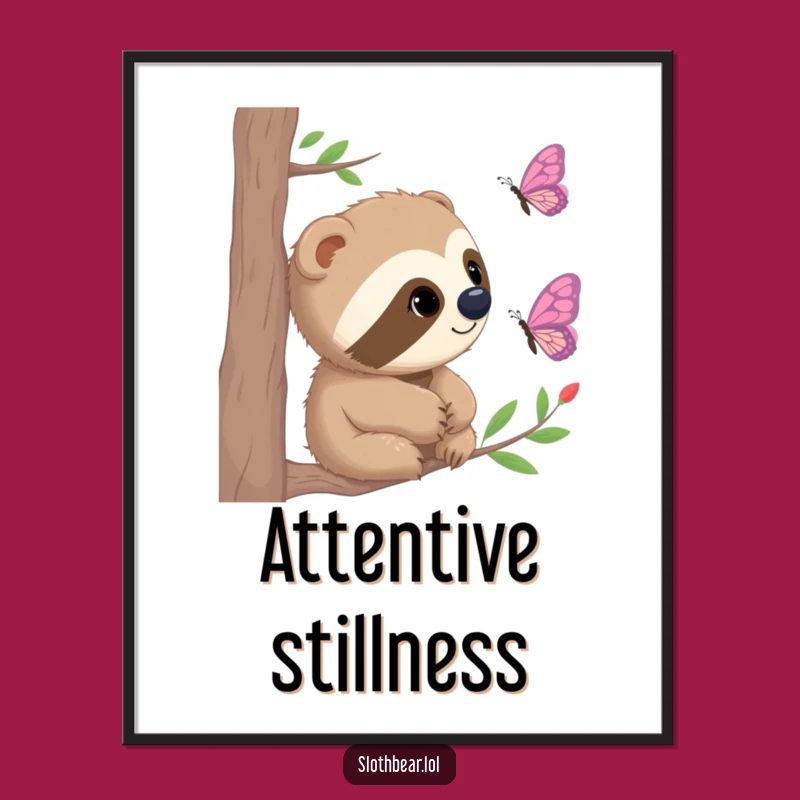 Funny Sloth Bear Butterfly Poster: Bring Gentle Curiosity and Nature Art Home