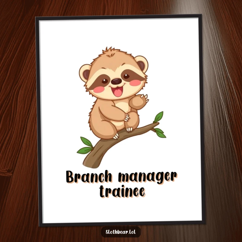 Funny sloth bear cub climbing poster, depicting an excited character scaling a branch, ideal for energetic and adventurous decor.