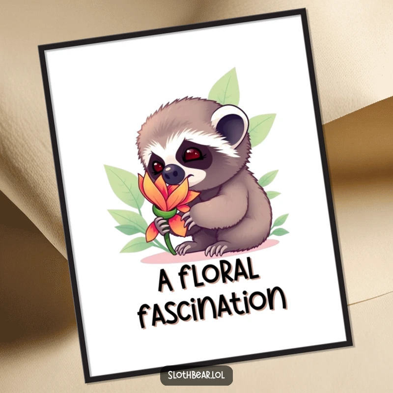 Funny sloth bear cub sniffing a vibrant flower with wide eyes, creating a whimsical and heartwarming piece of wall art.