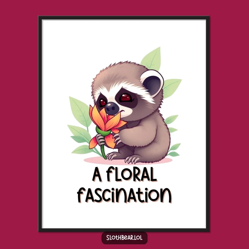 Funny Sloth Bear Cub Poster: Curious Cub and Flower Art, a Whimsical Funny Gift