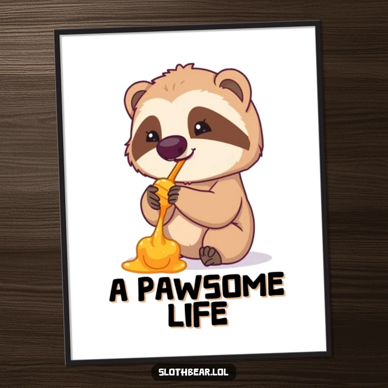 Funny poster print of a contented sloth bear licking honey from its paw. A charming and humorous piece of wall art.