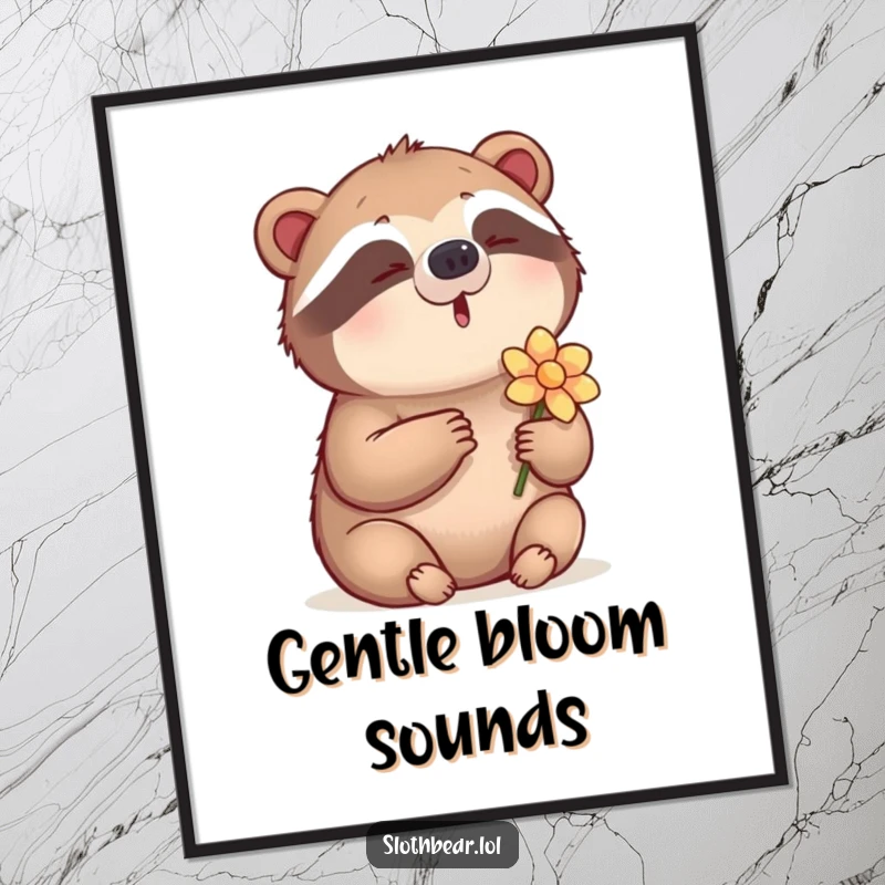 Funny Poster of a sloth bear humming a tune while holding a flower, a peaceful and musical nature scene.