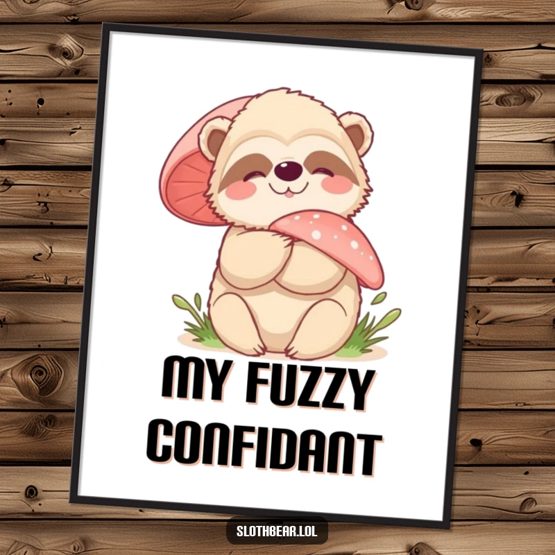 Funny sloth bear mushroom hug poster, showcasing a joyful interaction with a fuzzy mushroom, perfect for nature-inspired decor.