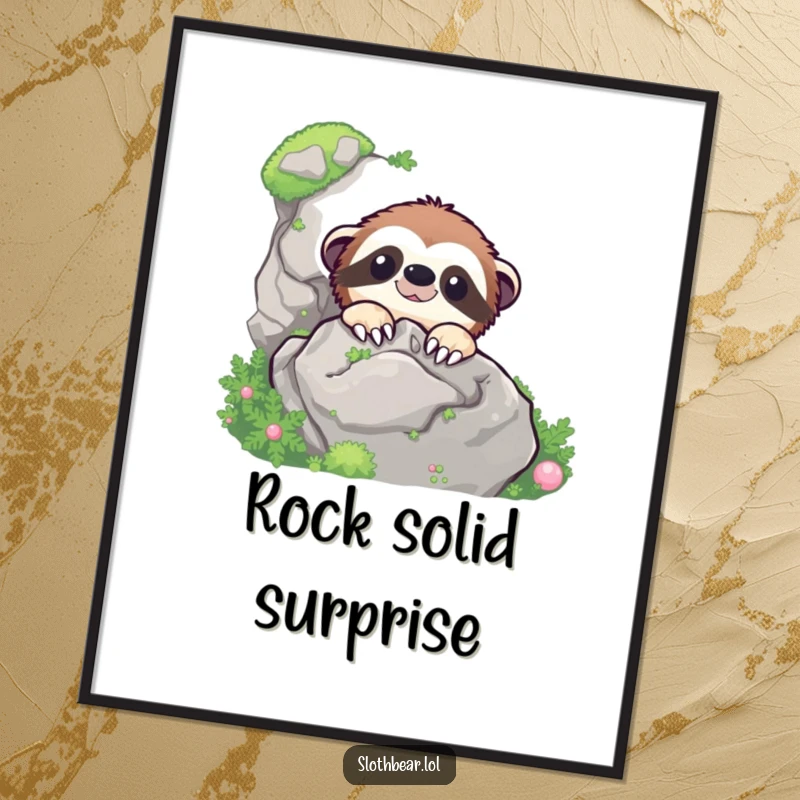 Funny cheerful sloth bear character peeking from behind a large mossy rock, presented as a serene art poster.