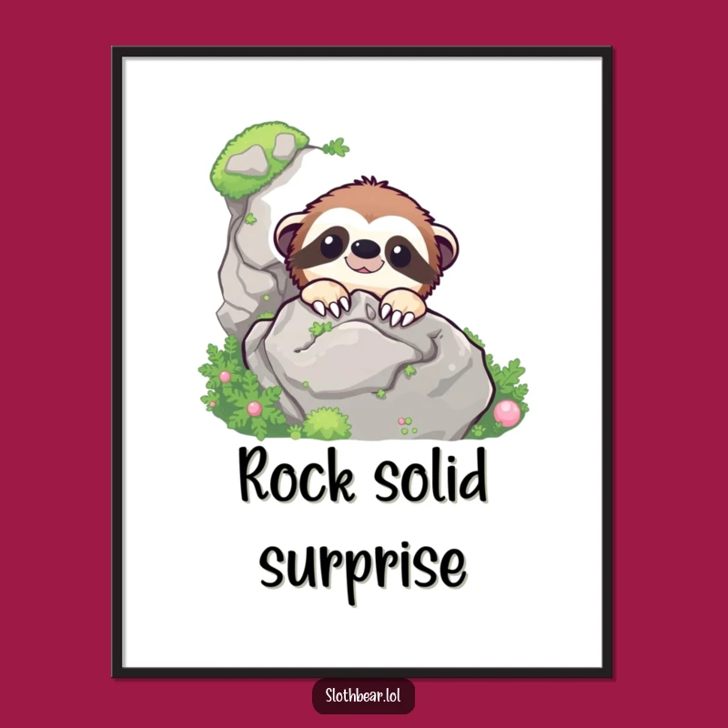 Funny Sloth Bear Peek Poster - Hilarious Mossy Rock Art Print Gift