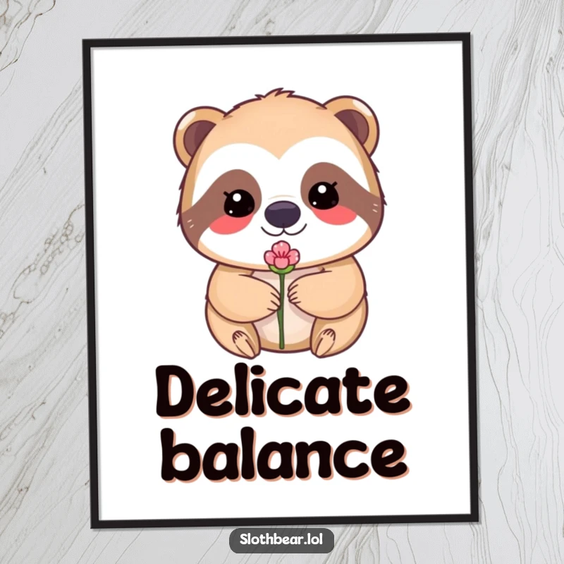 Funny poster artwork of a kawaii sloth bear with eyes gently closed, balancing a small flower bud on its nose.