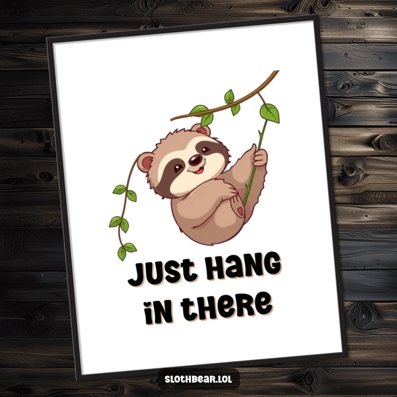 Funny poster art: A cute sloth bear character joyfully swatting at a dangling vine, full of playful energy.