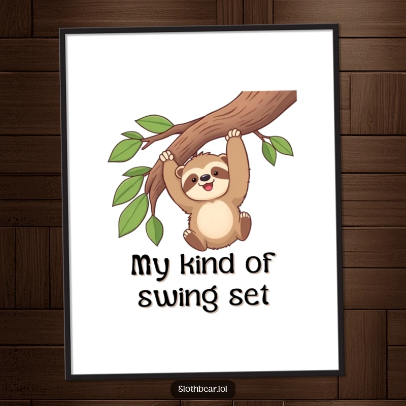 Funny kawaii sloth bear gleefully swinging high on a leafy branch, captured in a vibrant poster for cheerful home decor.