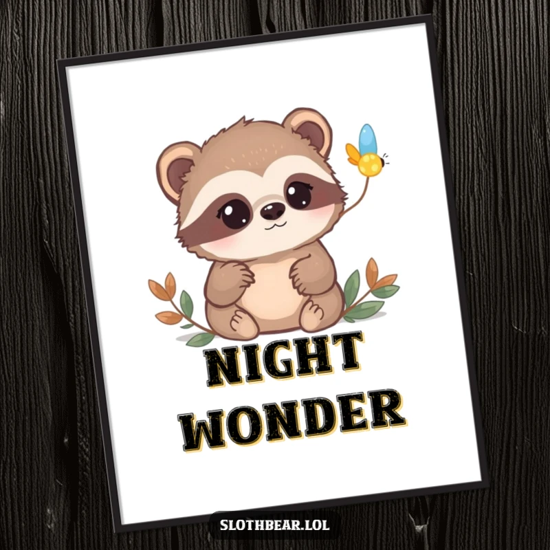 Funny sloth bear poster showing a bear with curious eyes watching a firefly blink on, magical and intriguing art.